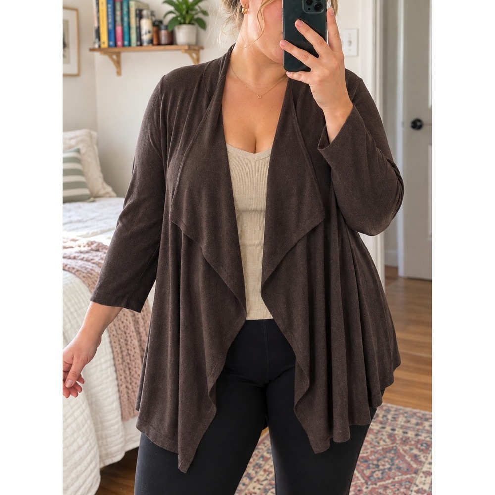 Barefoot Dreams CozyChic Lite Cardigan 1X Java Brown Waterfall Open Front